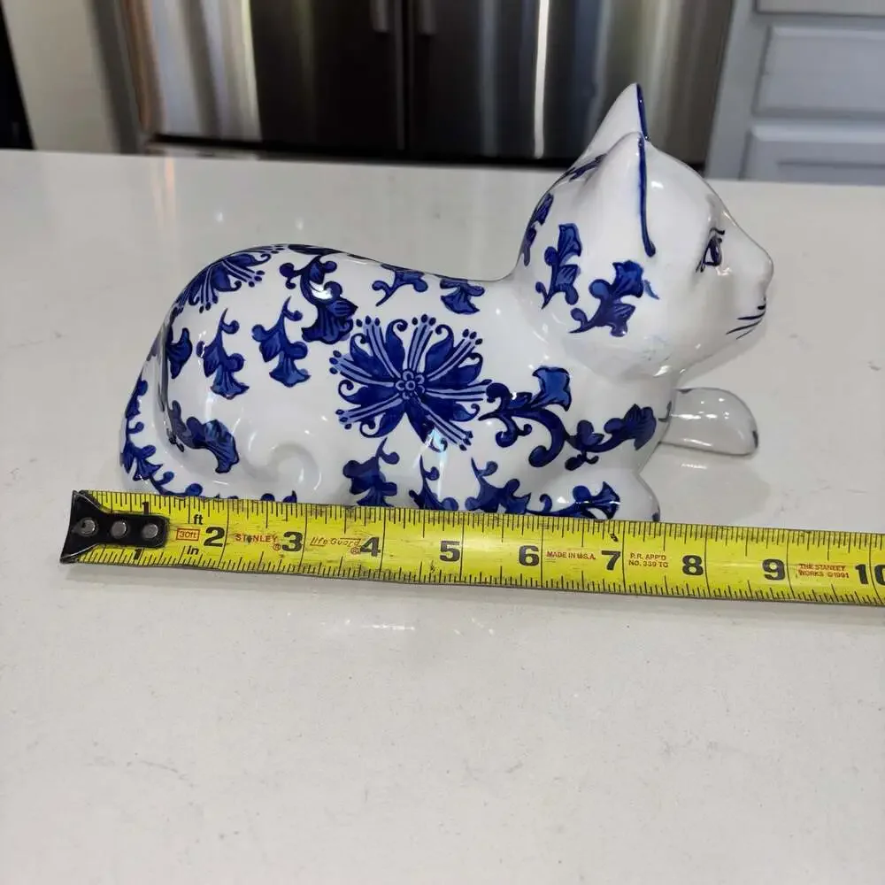 Vintage Blue and White Porcelain Chinoiserie Cat Figurine